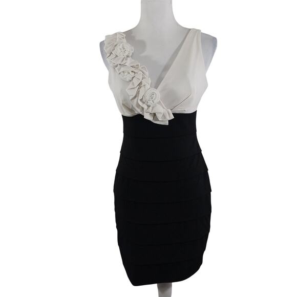 EN FOCUS STUDIO! CREAM OVER BLACK ALL STRETCH ROSE EMBELLISHED DRESS! SZ 4 - Picture 2 of 11